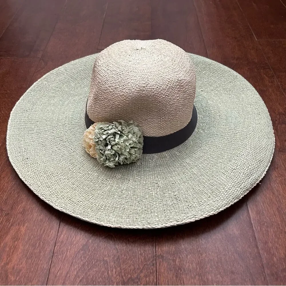 C.C 100% Paper Wide Brim TwoToned Hat, Raffia Flowers on Gray Band Cream & Green
